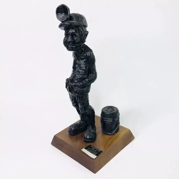 Vtg Carved Coal Underground Miner Black Diamonds 8.5" Man Statue Figurine Wood - Picture 1 of 8